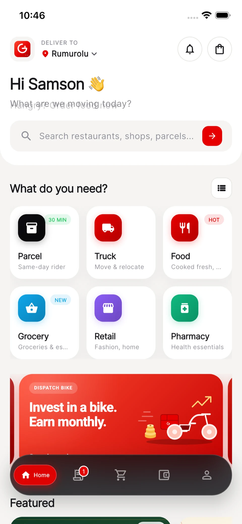 Godrop home screen with delivery categories: parcel, truck, food, grocery, retail and pharmacy